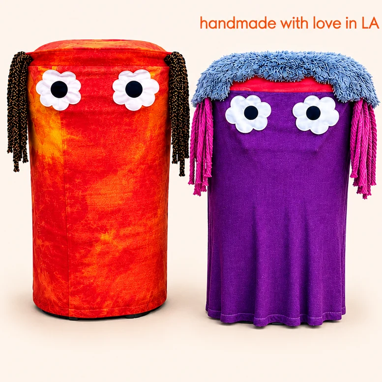 Two colorful handmade Bin Buddies