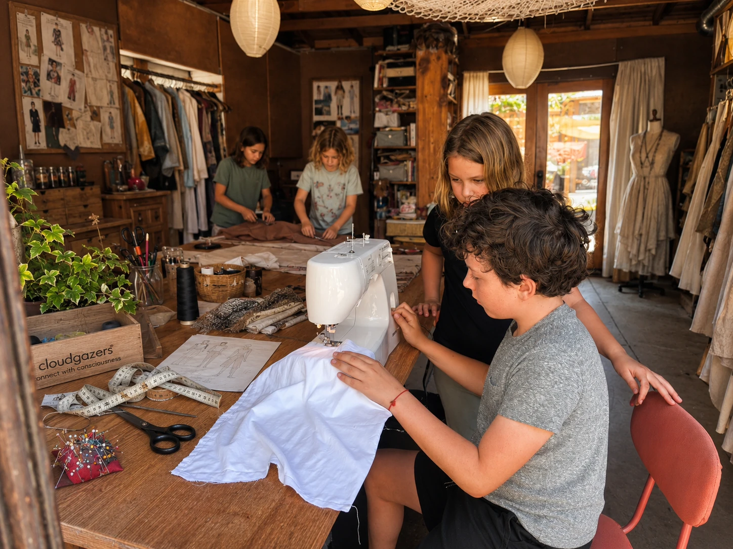 Two children learning to sew together in the atelier